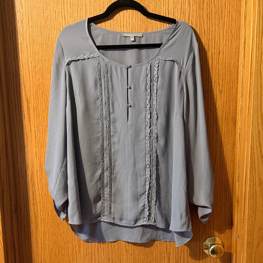 Daniel Rainn Light Slate Blue Lace-Trim Scoop Neck Blouse